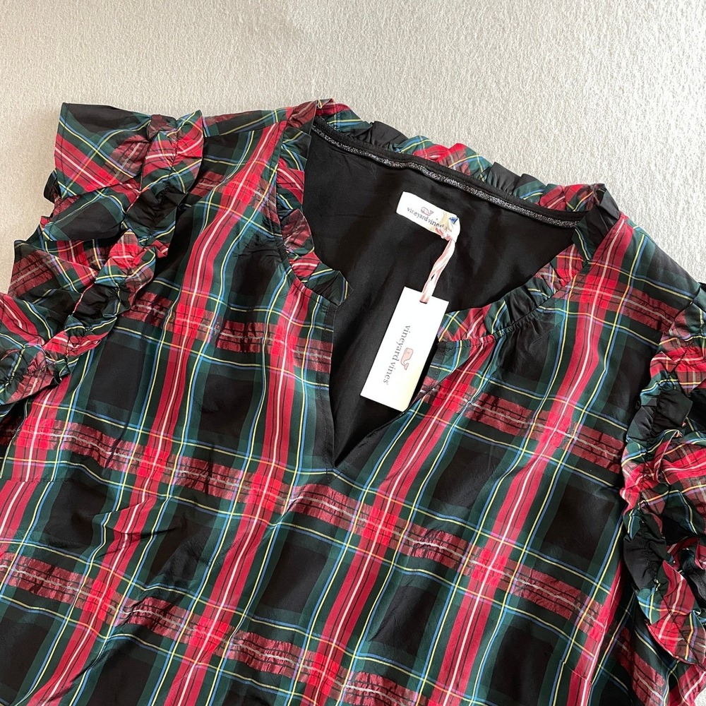 Vineyard Vines Women's 3X Apres Tartan‎ Ruffle Sleeve Plaid Top Shirt